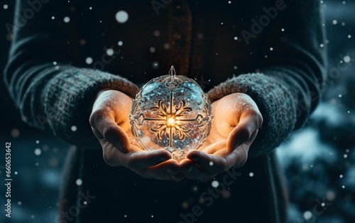 hands holding christmas decoration whil