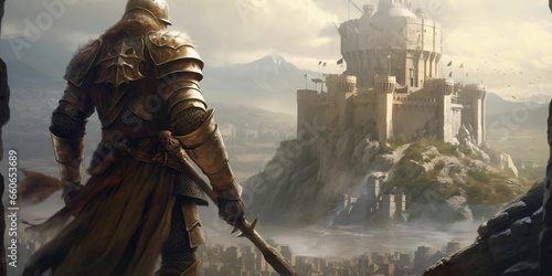 A medieval warrior with a Majestic castle in front of him