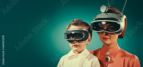 Retro-futuristic portrait of a mother with a small baby both wearing VR glasses in front of a projected screen, in the style of vintage '60s futuristic images.