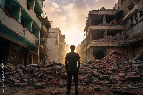 Confronting the City's Collapse: A Survivor's Stride Through Ruin of once vibrant city, Generative AI © Adolfo Perez Design