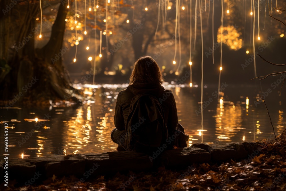 A serene and introspective scene of a person lost in thought by a body of water