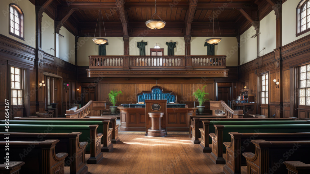 Empty American Style Courtroom. Supreme Court of Law and Justice Trial Stand. Courthouse Before Civil Case Hearing Starts. Grand Wooden Interior with Judges Bench, Defendants and Plaintiffs Tables.