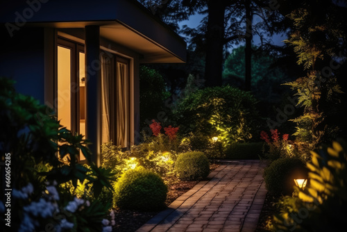 Modern gardening landscaping design details. Illuminated pathway in front of residential house. Landscape garden with ambient lighting system installation highlighting flowers plants