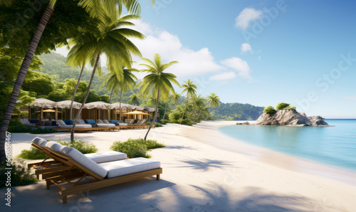 The picturesque allure of a beachside paradise  showcasing the summer tableau of chaise lounges  swaying palms  and a peaceful ocean     an extravagant travel landscape.