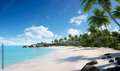 Exotic seaside scenery portraying a summer vista, palm trees, and a serene ocean, ideal for a beach-themed advertisement. A lavish travel setting.