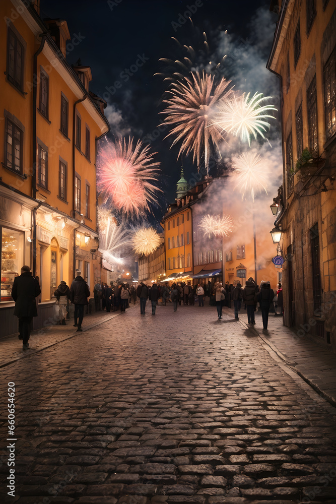 A beautiful view of the town with fireworks, celebrating special event.