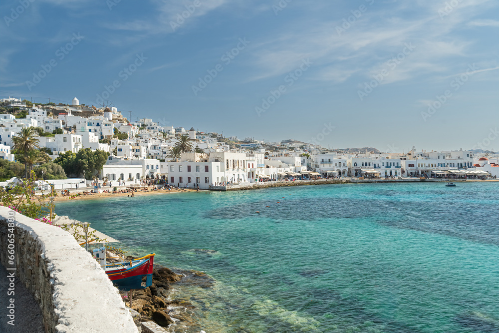 Looking across the Bay in Mykonos Town on the island of Mykonos one of the Cyclades Islands Greece