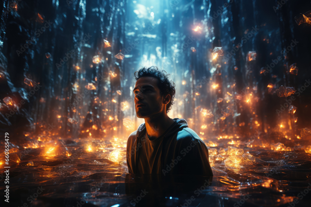 Obraz premium A quantum-consciousness documentary exploring the interface between quantum physics and human awareness. Generative Ai.