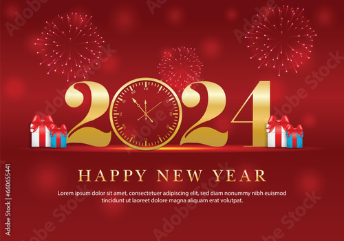 Happy New Year 2024 design. With colorful truncated number illustrations. Premium vector design for poster, banner, greeting, and New Year 2024 celebration