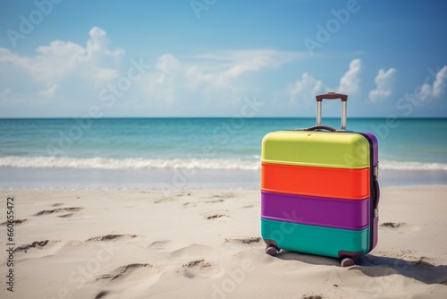 Colorful suitcase with beach items on sandy beach, surrounded by sea and sky. Represents summer travel. Generative AI