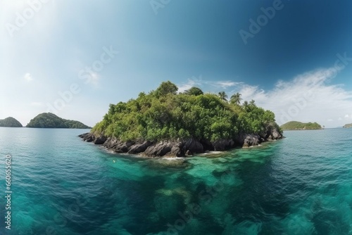 Panoramic view of a beautiful tropical island surrounded by the sea. Generative AI