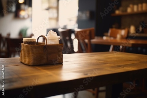 Blurry coffee shop setting with an unoccupied wooden table and a presentation of merchandise. Generative AI