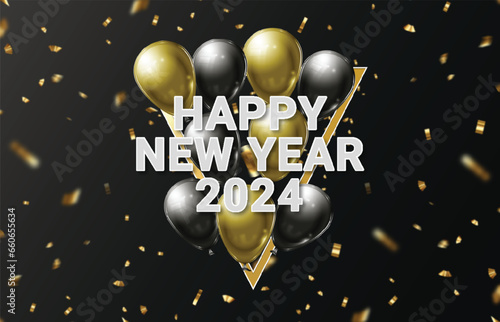 Happy New Year 2024 design. With colorful truncated number illustrations. Premium vector design for poster, banner, greeting, and New Year 2024 celebration