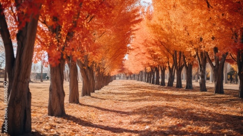 A row of trees with orange leaves on the ground