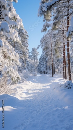 A snow covered path in the middle of a forest