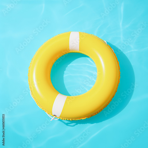 A yellow lifebuoy floats on the surface of an swimming pool during the day, vibrant color, dark shadows. photo