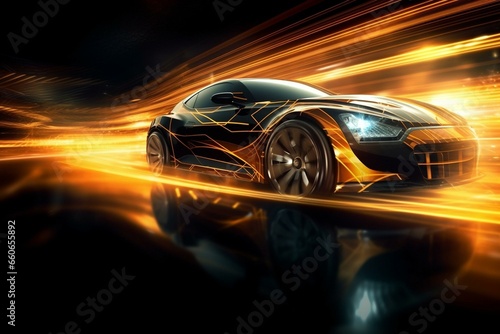 Background with speeding car, racing velocity and abstract motion. Technology theme. Generative AI