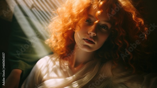 A woman with red hair and a white shirt