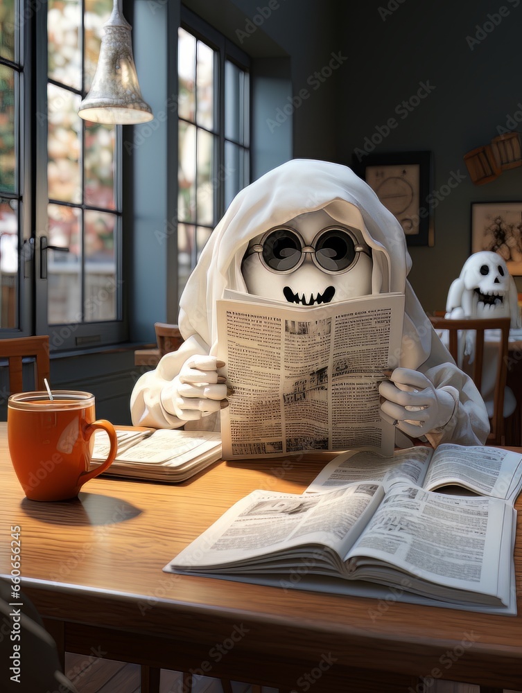 Cute cartoon ghost reading newspaper at the table in a coffee shop. AI Cute cartoon ghost reading newspaper at the table in a coffee shop. AI
