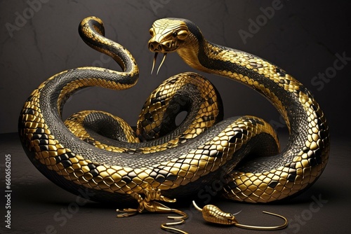 Illustration of a snake made of iron and gold. Generative AI
