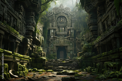 A crumbling temple adorned with carvings of gods and goddesses, each with their own mythical companions. Generative Ai.