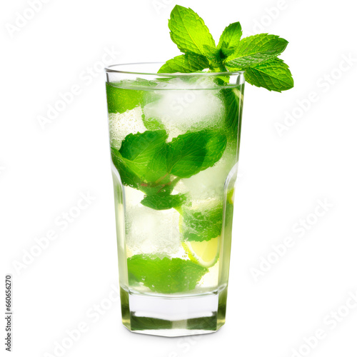 Mojito cocktail, garnished with fresh mint and a slice of lime in a tall glass