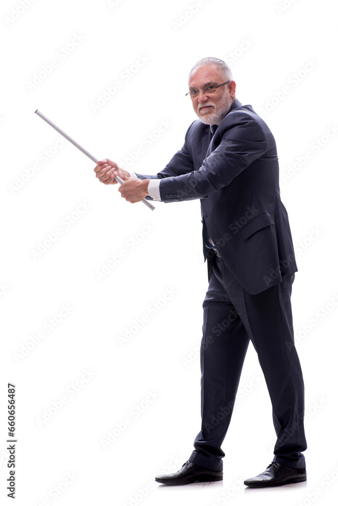Old businessman holding metal stick isolated on white Old businessman holding metal stick isolated on white