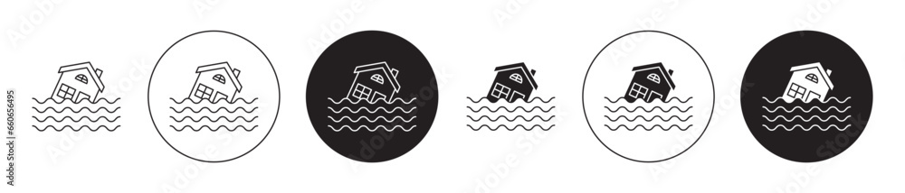 Flooded house icon set. river flood disaster vector symbol. hurricane home sign in black filled and outlined style. - obrazy, fototapety, plakaty 