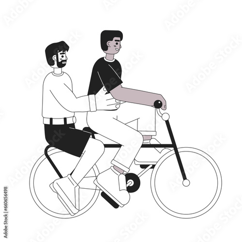 Friends riding on bike monochromatic flat vector characters. Bicycle for two people. Outdoor activity. Editable thin line full body people on white. Simple bw cartoon spot image for web graphic design