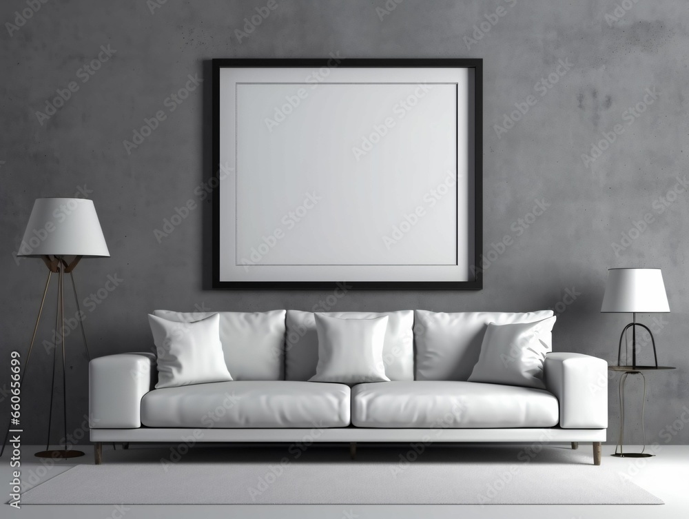 Modern and Minimalist Living Room Interior Design with Blank White Picture Frame Mockup Modern and Minimalist Living Room Interior Design with Blank White Picture Frame Mockup