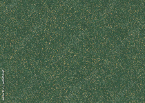 Hand-drawn unique abstract seamless ornament. Light green on a darker warm green background, with splatters of golden glitter. Paper texture. Digital artwork, A4. (pattern: p11-1b)