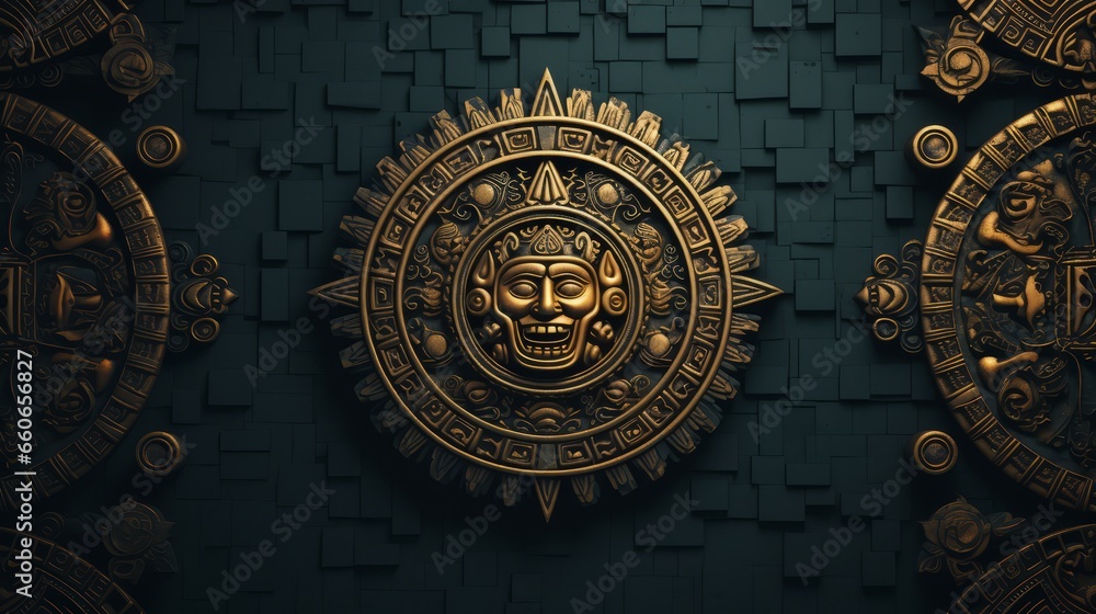 Abstract Aztec gold. Antique Aztec gold texture background. Copy space. Horizontal format for banners, posters, prints, advertising, games. AI generated.