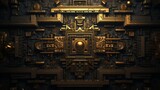 Aztec gold labyrinth with riddle. Aztec gold texture background. Copy space. Horizontal format for online logic games, prints, advertising. AI generated.