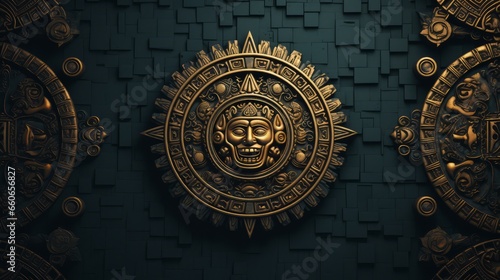 Abstract Aztec gold. Antique Aztec gold texture background. Copy space. Horizontal format for banners, posters, prints, advertising, games. AI generated.