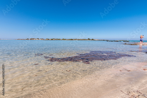 Blonde girl photographs the incredible panorama of Elafonissi pink beach. Gorgeous day and crystal clear water with no people.