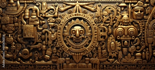 Antique Aztec gold background. Texture of Aztec gold. Copy space. Horizontal format for banners, posters, games, advertising. Photo AI generated.