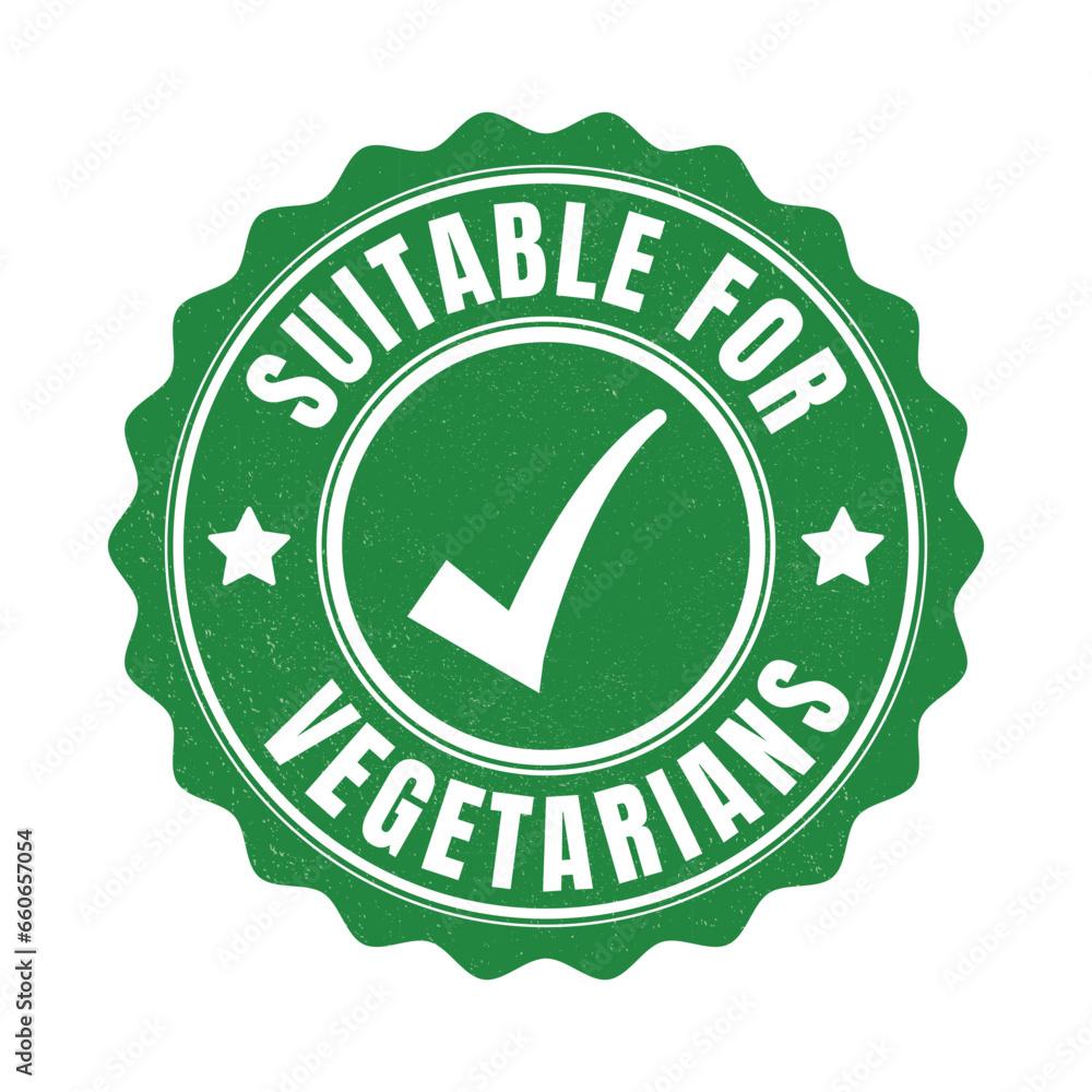 Suitable For Vegetarians Rubber Stamp, Leaf Badge, Sticker, Emblem, Vegetable Foods Design Element, Plants Food Packaging Label Seal, Product Label Design With Grunge Texture Vector Illustration
