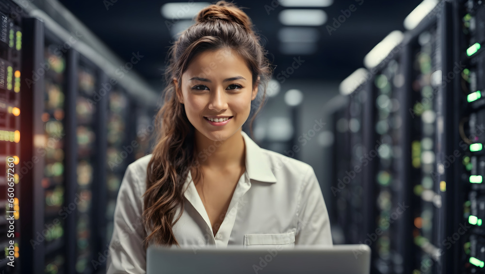 Data Center Female Programmer Using Laptop Computer Data Center Female Programmer Using Laptop Computer