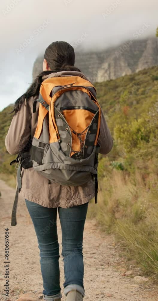 Backpacking, hike and woman with fitness, health and fresh air with wellness, adventure and mountains. Person, hiker and traveller with a bag, journey and exercise with woods, trekking and outdoor Backpacking, hike and woman with fitness, health and fresh air with wellness, adventure and mountains. Person, hiker and traveller with a bag, journey and exercise with woods, trekking and outdoor