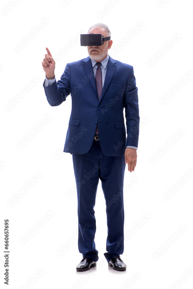 Old businessman wearing virtual glasses isolated on white Old businessman wearing virtual glasses isolated on white