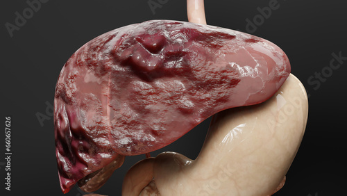 Digestive Organ Liver Cancer, Hepatitis cirrhosis malignant tumor, Hepatic failure, growing cells, duplicating, Fibrosis, Cirrhosis, Hepatocellular carcinoma, Virus infected liver, Human, 3d render photo