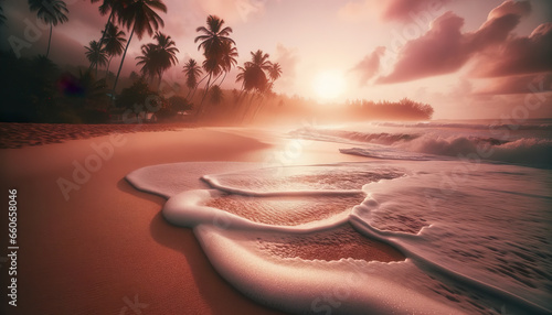 Sandy Beach at Sunrise with Gentle Waves, AI Generated