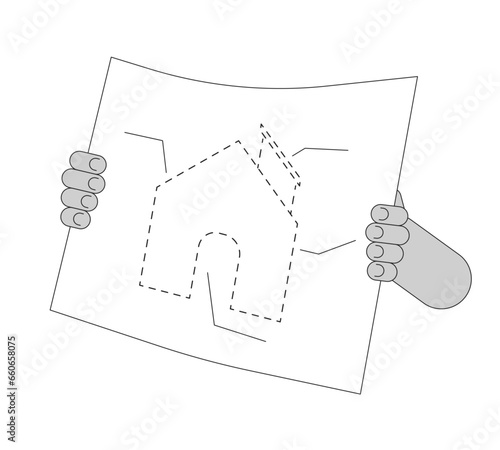 Holding drafting building plan cartoon human hands outline illustration. Home construction blueprint presentation 2D isolated black and white vector image. Remodel flat monochromatic drawing clip art