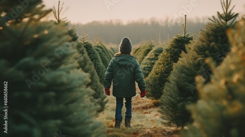 a boy in a green coat in a christmas tree farm, back view