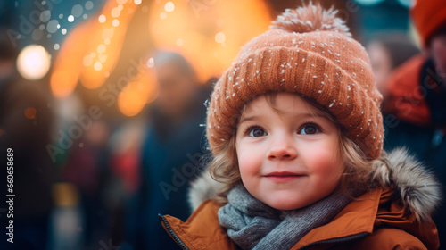 portrait of a happy young toddler, lights in the background