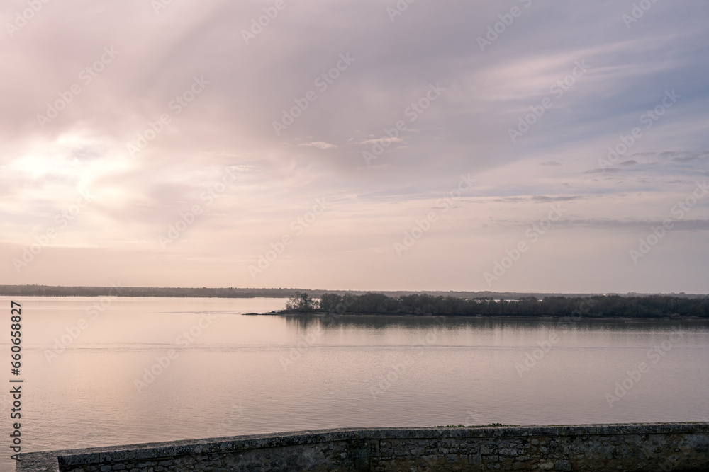 View of Ile Nouvelle in the Gironde estuary from the Citadelle de Blaye in autumn, Nouvelle-Aquitaine, France