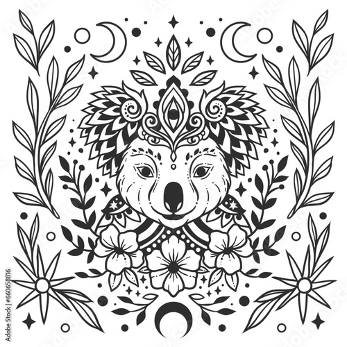 Koala mandala. Animal Vector illustration. Adult or kids coloring book page in Zen boho style. Antistress Peaceful drawing. Black and white