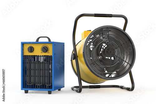 Different industrial electric fan heaters on white background