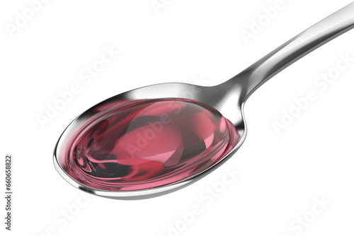 Photos Pink cough syrup in silver spoon on transparent background