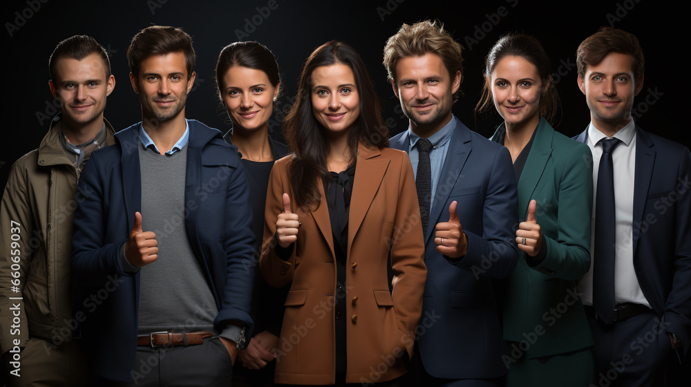 Portrait of a team holding thumbs up isolated against dark background Portrait of a team holding thumbs up isolated against dark background